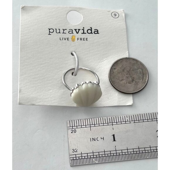 Pura Vida Grande Shell Ring Size 9 Silver Plated Brass Resin White Scallop Desig - Picture 2 of 3
